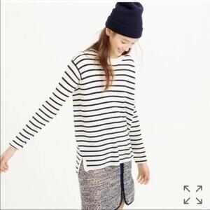 J. Crew Striped Leather Panel Wool Knit Long Sleeve Sweater XS Black Cream #4247